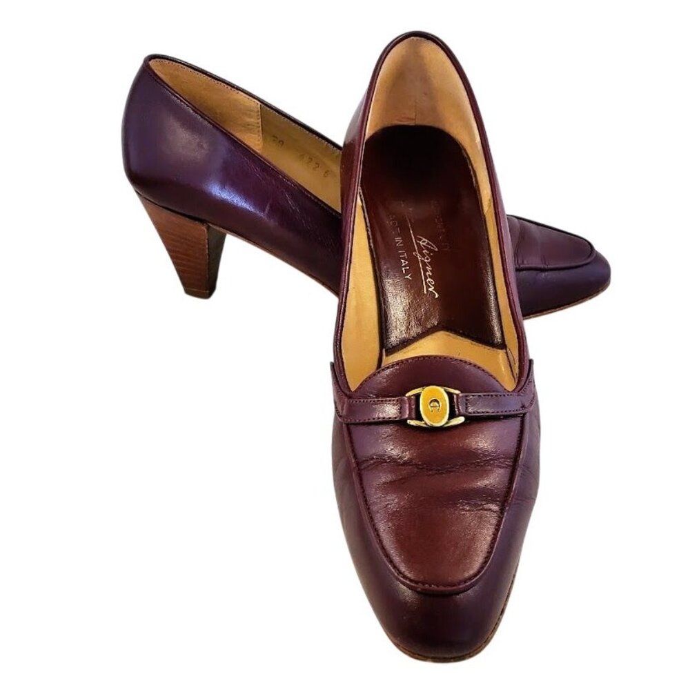 Etienne Aigner Vintage Burgundy Leather Pumps Gold A Accent Made in Italy 6.5N